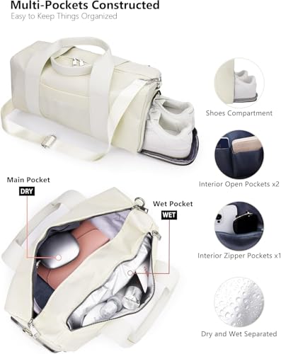 16" Gym Bag for Women,with Shoes Compartment and Waterproof Pocket(Beige) - color: Beige, size: 16" Small Size