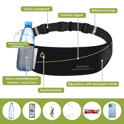 SooGree Slim Running Belt Fanny Packs for Women Men,Water Bottle Holder Hydration Fanny Pouch,Waterproof Sport Waist Pack with Reflective Strip,Runner Belt Bag for Running Cycling Camping Gym (Black) - color: Fullblack