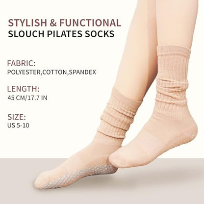 Grip Pilates Socks for Women Mid Calf Slouch Yoga Socks with Non Slip Grippers - color: Black/White/Khaki