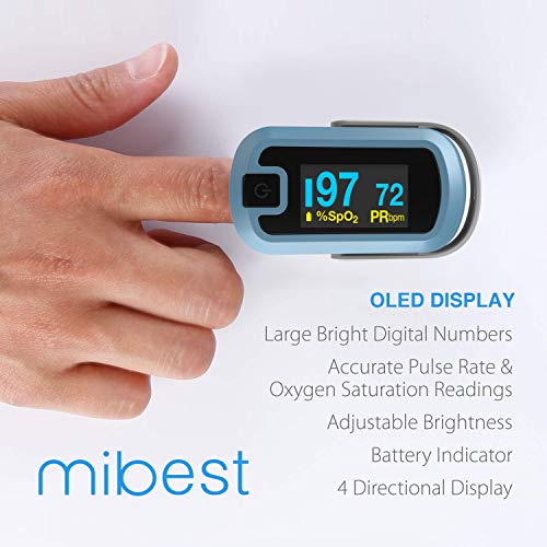 mibest OLED Finger Pulse Oximeter, O2 Meter, Dual Color White/Light Blue