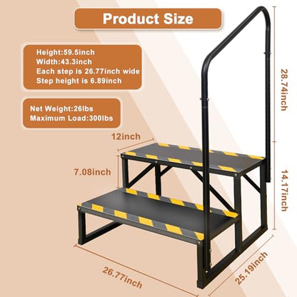 2 Step RV Stairs, Hot Tub Steps, Outdoor Spa Step Ladder with Handrail,Portable Economy 5th Wheel Stair for Travel Trailer, Motor Home, Camper and Porch with Non-Skid Tapes - size: RV Stairs - 2 Step with Single Handrail