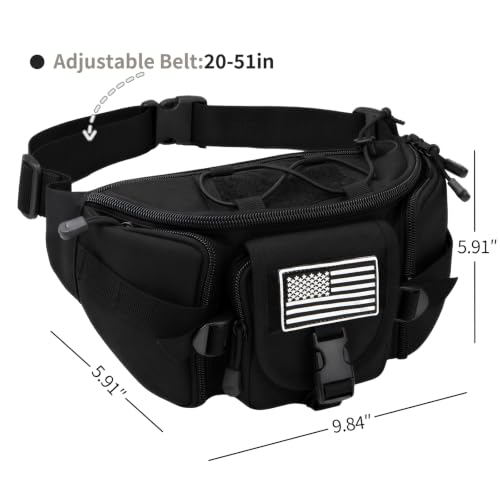 Tactical Fanny Pack for Men Women, Large Waist Packs with 5 Zipper Pockets, Adjustable Strap Hip Belt Bag for Outdoor Hiking Fishing Running Traveling, Crossbody Bumbag with Patch - Black - color: Black
