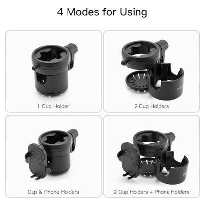 Gromast Universal Stroller Cup Holder with Phone Holder, 3-in-1 Detachable Drink Holder 360° Rotatable, Adjustable Cup Holder for Baby Stroller, Tricycle - Black - color: Black-4-in-1