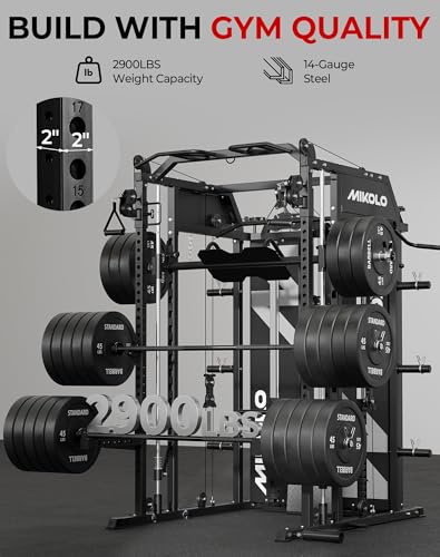 Mikolo Smith Machine with Weight Stack, Power Cage Home Gym System with LAT Pulldown & Cable Crossover, Multi-Functional Trainer with Dual Pulley System, Includes 10+ Free Attachments - color: Black