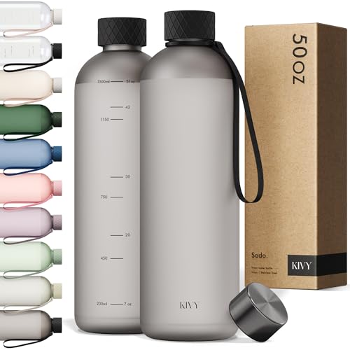 KIVY Large Water Bottle 50oz Tritan - Lightweight & Shatterproof - BPA Free - color: 02 Ash Black, size: 50oz