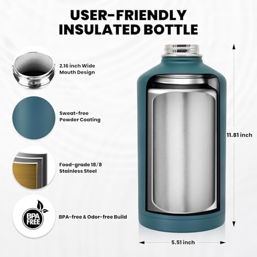 RAYMYLO One Gallon Water Bottle Insulated 128 oz, Stainless Steel - color: Dark Green, size: 128 Ounces