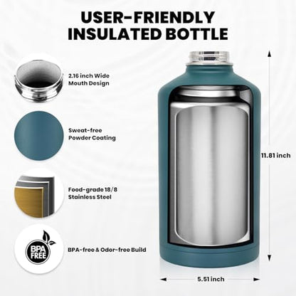 RAYMYLO One Gallon Water Bottle Insulated 128 oz, Stainless Steel - color: Dark Green, size: 128 Ounces