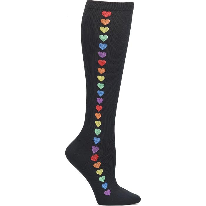 Nurse Mates Women's Wide Calf Socks | 12-14 mmHg Compression | Up to 22" Calf | One Size | 1 Pair - color: Rainbow Hearts, size: One Size