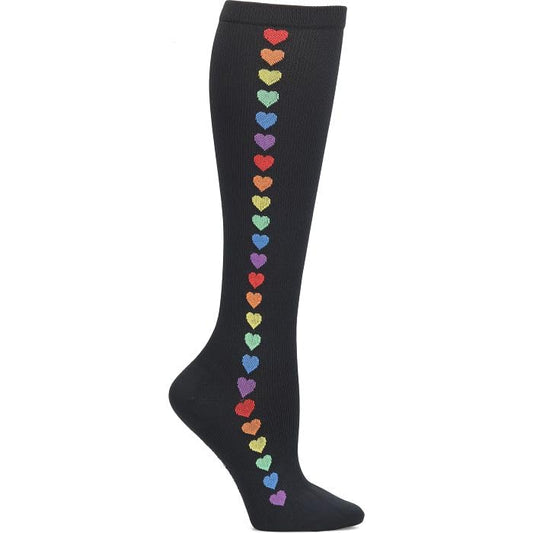 Nurse Mates Women's Wide Calf Socks | 12-14 mmHg Compression | Up to 22" Calf | One Size | 1 Pair - color: Rainbow Hearts, size: One Size