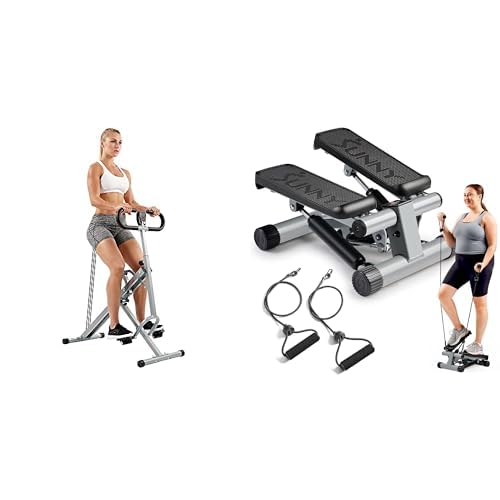 Bundle of Sunny Health & Fitness Squat Assist Row-N-Ride™ Trainer for Glutes Workout + Sunny Health & Fitness Mini Stepper Stair Stepper Exercise Equipment with Resistance Bands