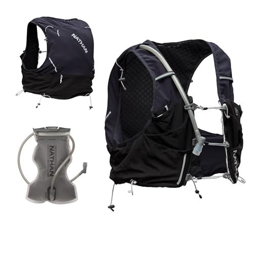 Nathan Hydration Vest 12L for Running & Hiking - Quick-Fit Adjustments, Breathable Mesh, 1.6L Insulated Bladder, Lightweight 8.8 oz, 6 Power Mesh Pockets, Diagonal Zip - Pinnacle Pro - size: Large, style: Black
