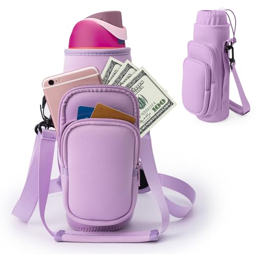linmaya Water Bottle Carrier Bag, Neoprene Water Bottle Holder with Straps Phone Pockets Fits Stanley IceFlow Owala 16/24/32/40oz - color: Purple, size: 16-40 Oz wihtout Handle