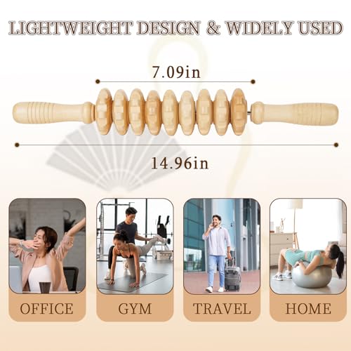 Liitrton Manual Wooden Massage Roller Stick for Muscle Relief, 9‑Wheel - size: 15.35 Inch (Pack of 1)