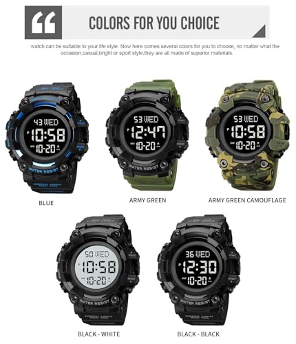XCZAP Men's Black Digital Sports Watch, Large Face Military Tactical Watch, 5ATM Water Resistant, LED Backlight, Alarm, Stopwatch,Dual Time - color: Black-0