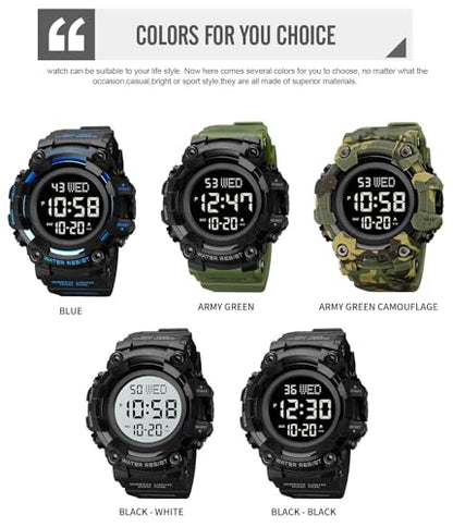 XCZAP Men's Black Digital Sports Watch, Large Face Military Tactical Watch, 5ATM Water Resistant, LED Backlight, Alarm, Stopwatch,Dual Time - color: Black-0