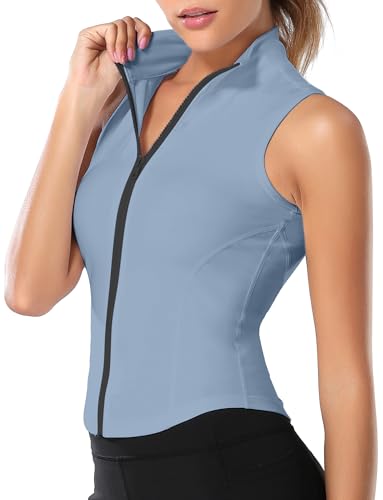 FEOYA Women Sleeveless Athletic Tank Top Shirts Full Zip Up Tshirt for Yoga Running Fitness Exercise - color: Upgrated Blue, size: Small
