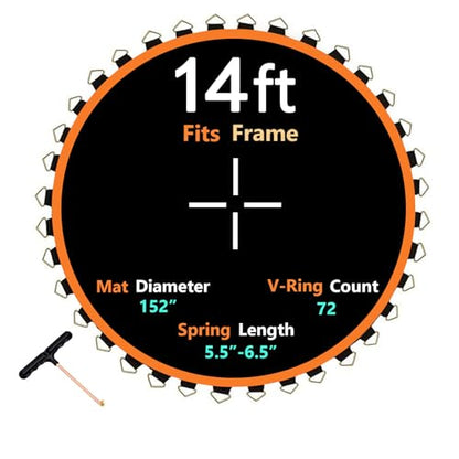 Trampoline Mat Replacement, Dia:152", Fits 14ft Frame, with 80/72/88 V-Rings for Choose and Spring Tool, Fits 5.5" Springs, Reinforce, UV-Resistant - size: 152" Diam | 72 V-Rings | Fits 5.5" SpringsLength