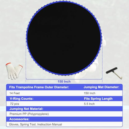 Replacement Trampoline Mat, Heavy-Duty, UV-Resistant & Durable Bounce Pad for Round Trampolines - Perfect for Safe & Fun Jumping - size: 14FT|150"Dia|72 V-Rings|Fits 5.5" Springs Length