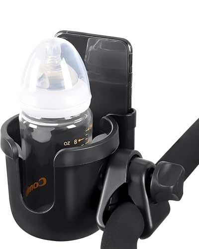 Universal Stroller Cup Holder with Mobile Phone Strollers Storage Rack, 360 Degrees Rotation Drink Holder for Bike, Pushchair, Wheelchair, Walker, Fits Most Cups
