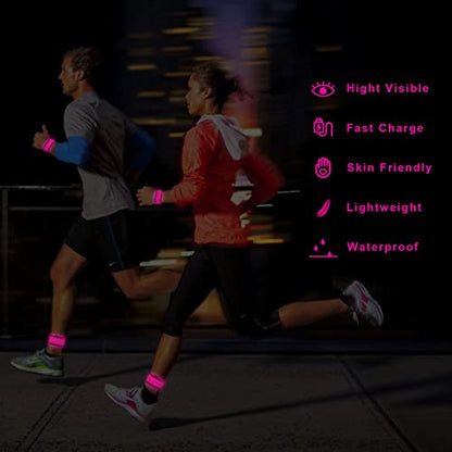 LED Safety Wristband Lights - Rechargeable Light Up Arm Ankle Band Kids Magic Slap Glow Bracelets Reflective Belt High Visibility for Night Cycling Walking Joggers Running Gear - color: Pink