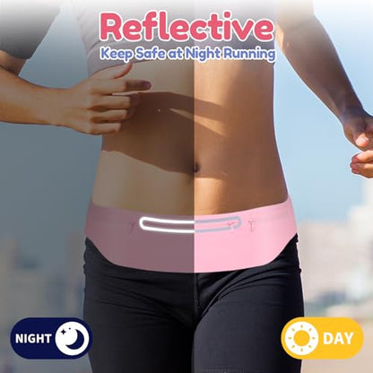 3 Separate pouch Slim Running Belt Fanny Packs for Women & Men，Reflective Running Fanny Pack，Runner Belt for Running Walking Cycling Camping Gym (Pink) - color: Pink