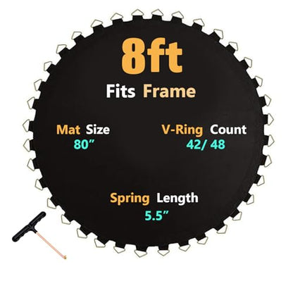 Trampoline Mat, Dia:60"/80", Fits 6FT/8FT Frame, with 36/42/48 V-Rings for Choose and Spring Tool, Reinforce, UV-Resistant, Not Include Spring - size: Fit 8 FT FRAME, style: 80" Diam | 48 V-Rings | Fits 5.5" SpringsLength