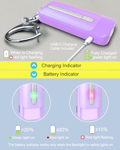 Personal Alarm for Women, Rechargeable with Safety Lights & Low Battery Notice, 130dB Siren with Extra Bright LED Flashlight Strobe Light for Emergency, Dual Light Sources Safety Keychain - color: purple