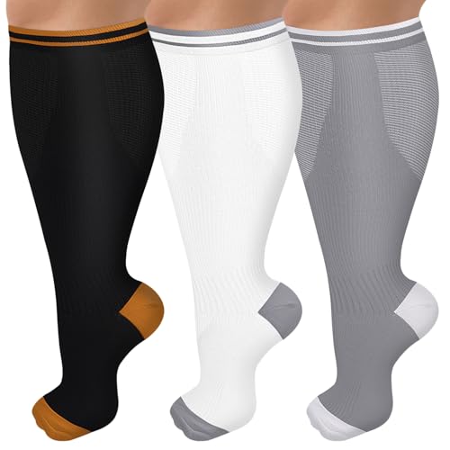 CTHH Wide Calf Compression Socks for Women Men Plus Size Knee High Stocking - color: 012-3 Pack Black/White/Gray, size: XX-Large