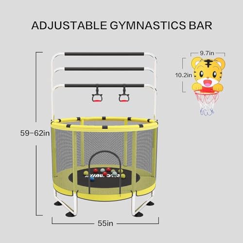 Trampoline for Kids, 55 Inch Adjustable Baby Toddler Trampoline with Basketball Hoop, 440lbs Indoor Outdoor Toddler with Enclosure (Blue) - color: Yellow