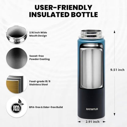 RAYMYLO Insulated Water Bottle 20 oz, Triple Wall Vacuum Stainless Steel - color: Indigo/Black, size: 20 Ounces