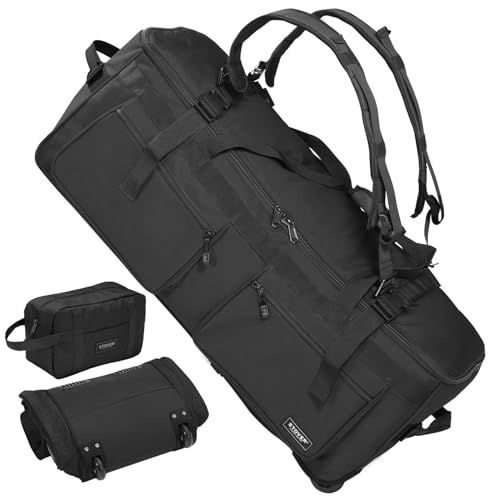 STOVER 45/80/100L U-Zip Rolling Duffel Bag with Wheels, Voyager Series X-Large Durable Travel Duffle + Toiletry Bag, Lay-Flat Opening, Packable w/Shoulder Straps- Use as Luggage or Backpack (Black) - color: U-Zip Voyager Black