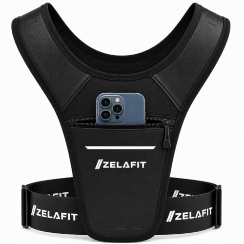 ZelaFit™ Running Phone Holder Vest for Women & Men – Lightweight Running Gear and Everyday Running Essentials – Chest Rig Phone Holder for Running (Black) - size: Small-Medium