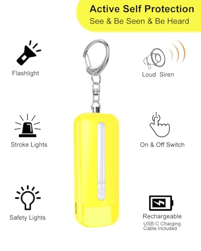Personal Alarm for Women, Rechargeable with Safety Lights & Low Battery Notice, 130dB Siren with Extra Bright LED Flashlight Strobe Light for Emergency, Dual Light Sources Safety Keychain - color: yellow