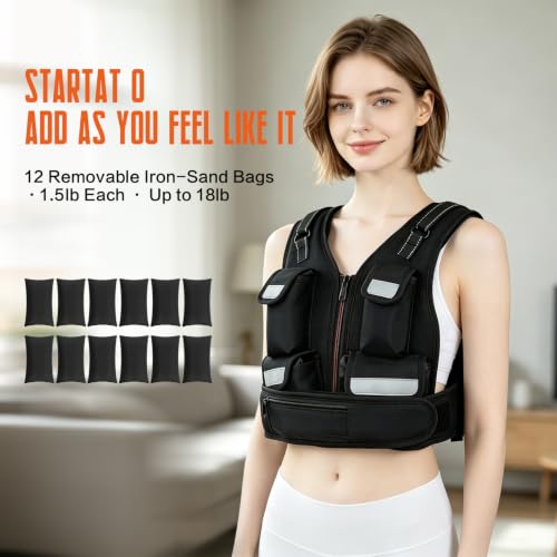 KRYLIX Adjustable Weighted Vest 0-18lbs Wide Range Adjustment Adjustable Shoulder Straps 12 Removable Iron Sand Bags Storage Pocket Reflective Strips for Running Walking Workout Training Washable for Women Woman