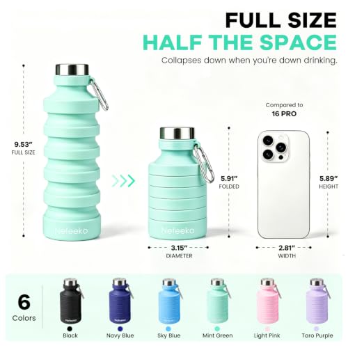 Nefeeko Collapsible Foldable Water Bottle, 27oz Reuseable BPA Free Silicone Portable Leak Proof Sports Water Bottle with Carabiner for Travel Gym Camping Hiking - color: Mint Green-27oz