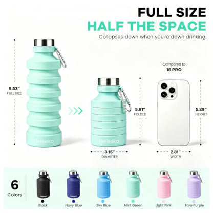Nefeeko Collapsible Foldable Water Bottle, 27oz Reuseable BPA Free Silicone Portable Leak Proof Sports Water Bottle with Carabiner for Travel Gym Camping Hiking - color: Mint Green-27oz
