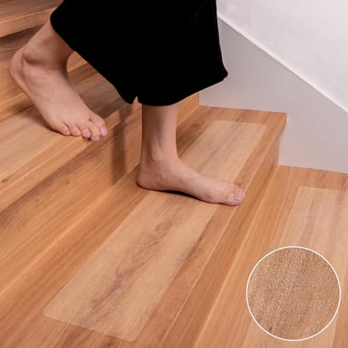 Spurtar Clear Stair Treads for Wooden Steps Covers Indoor, Anti Slip Stair Strips, Transparent Non Slip Grip Tape, Waterproof Staircase Runner Stickers Non Skid Tape, 6"x32", 15 Pack - size: 6"x32"