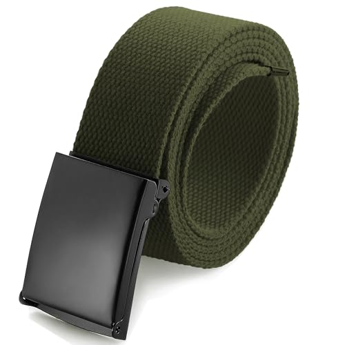 Mile High Life Cut To Fit Canvas Web Belt Size Up to 52" with Flip-Top Solid Black Military Buckle - color: 1 Pack Olive