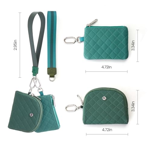 Mini Dual Pouch Wristlet Wallet for Women – Zip Around wristlet Keychain Wallet with 2 Wristlets, Ideal for Dog Walking, Coffee Runs & Lunch Break Essentials (Green+Teal) - color: Green+Teal