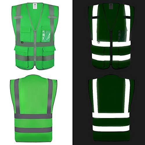 Dazonity High Visibility Safety Vest with Multi Pockets and Zipper, Reflective Strips, Fit for Men & Women, Work, Construction,Cycling, Runnning, Surveyor, Volunteer (10, Green-XL) - color: Green-xl