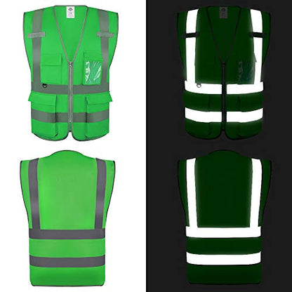 Dazonity High Visibility Safety Vest with Multi Pockets and Zipper, Reflective Strips, Fit for Men & Women, Work, Construction,Cycling, Runnning, Surveyor, Volunteer (10, Green-XL) - color: Green-xl