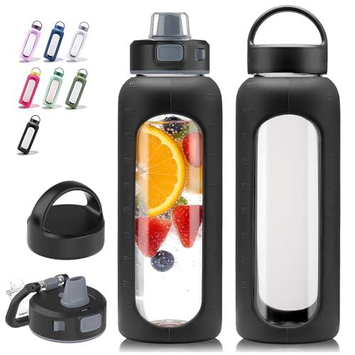 Kodrine Glass Water Bottle 32 oz with Straw and 2 Lids, Black - color: Black, size: 32 Ounces