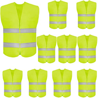DUSKCOVE 10 Pack High Visibility Safety Vest for Traffic Work, Running, Surveyor and Security Guard - Construction Vest with 2 Reflective Strips, Made from Breathable and Neon Yellow Mesh Fabric - color: Neon Yellow