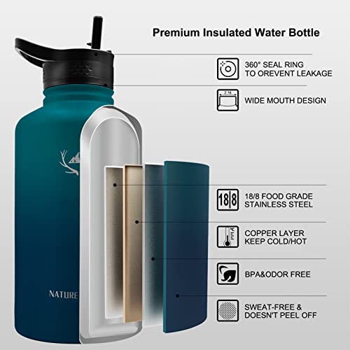NATURE PIONEOR 64 oz Insulated Water Bottle with Carrier Bag & 3 Lids - color: Malachite Blue, size: 64 Ounces