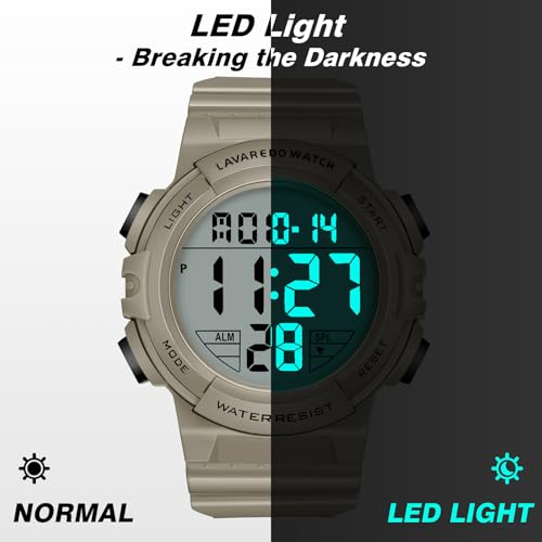 Mens Digital Watch, Sport Military Watch for Men, LED Large Face - color: 03-Khaki
