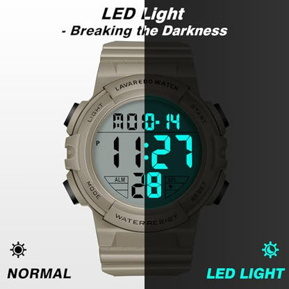 Mens Digital Watch, Sport Military Watch for Men, LED Large Face - color: 03-Khaki