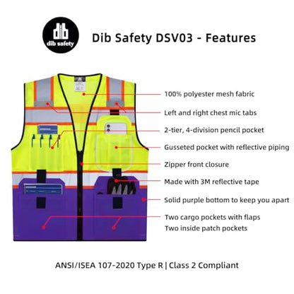 Dib Safety Reflective Safety Vest Made with 3M Tape, Yellow and Purple L - color: Yellow & Purple, size: Large