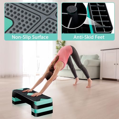 Non-Slip 27 Inch Aerobic Exercise Step Platform 4"-6"-8" Height Adjustable Risers for Home Gym Cardio Training Fitness Workout Stepper Trainer - color: Green