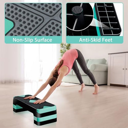 Non-Slip 27 Inch Aerobic Exercise Step Platform 4"-6"-8" Height Adjustable Risers for Home Gym Cardio Training Fitness Workout Stepper Trainer - color: Green
