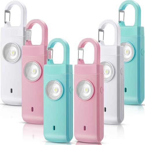 Tellegloww 6 Pcs 130 dB Personal Safety Alarm for Women, Personal Alarm Keychains Loud Siren with LED Strobe Light & Low Battery Notice Rechargeable Self Defense Keychain for Mom(Macarons,Snap) - color: White,Pink,Blue, style: Snap